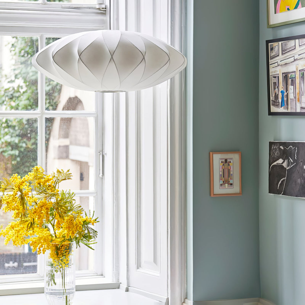 Mid-Century White Silk Pendant – Bubble Wireframe