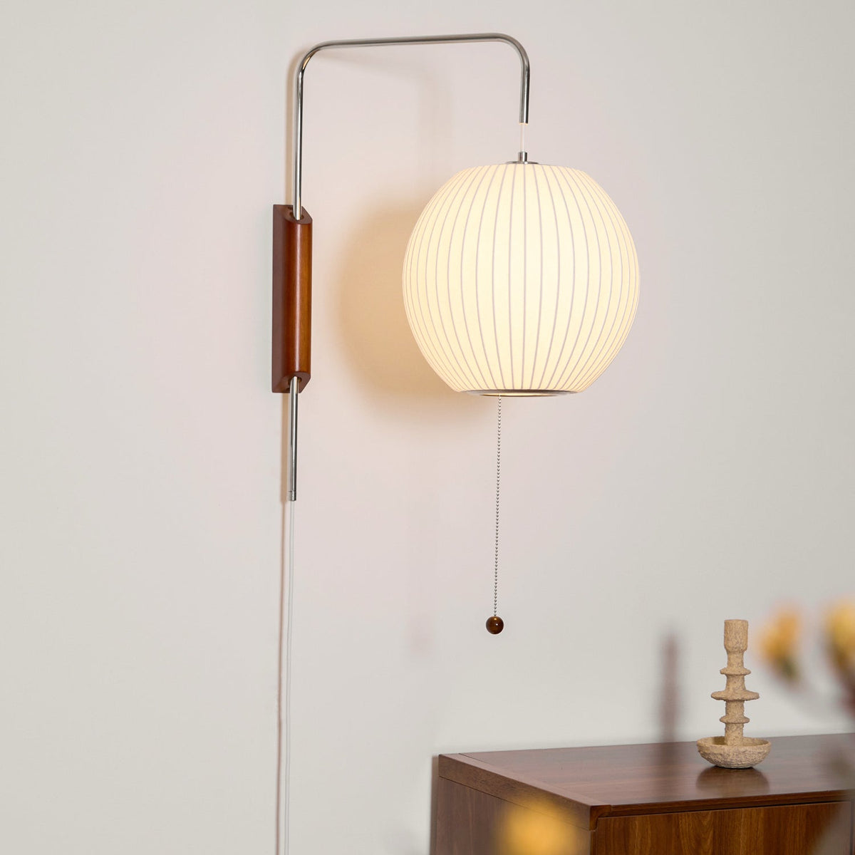Mid-Century Walnut Bubble Sconce – Swivel Plug-In
