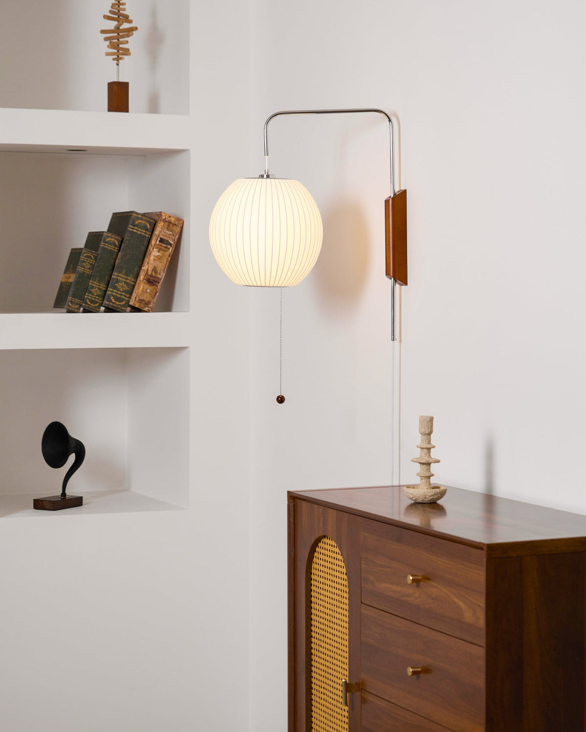 Mid-Century Walnut Bubble Sconce – Swivel Plug-In