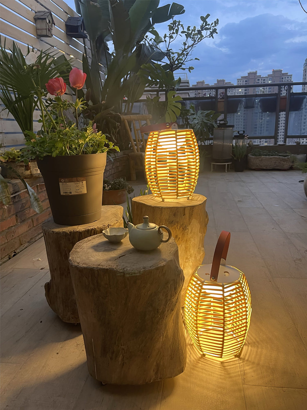 Boho Rattan Lantern Table Lamp – Cordless Lamp for Patio