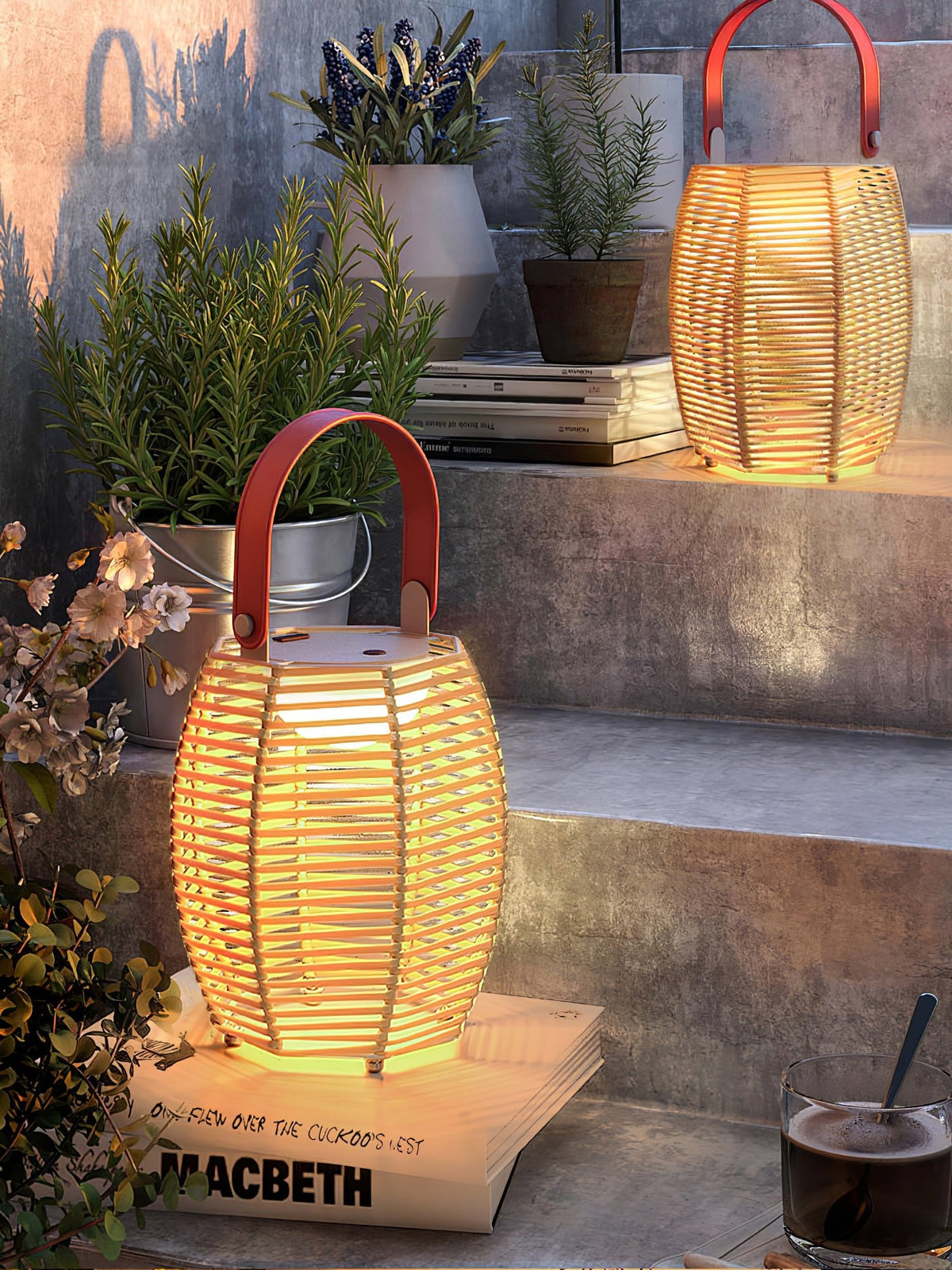 Boho Rattan Lantern Table Lamp – Cordless Lamp for Patio