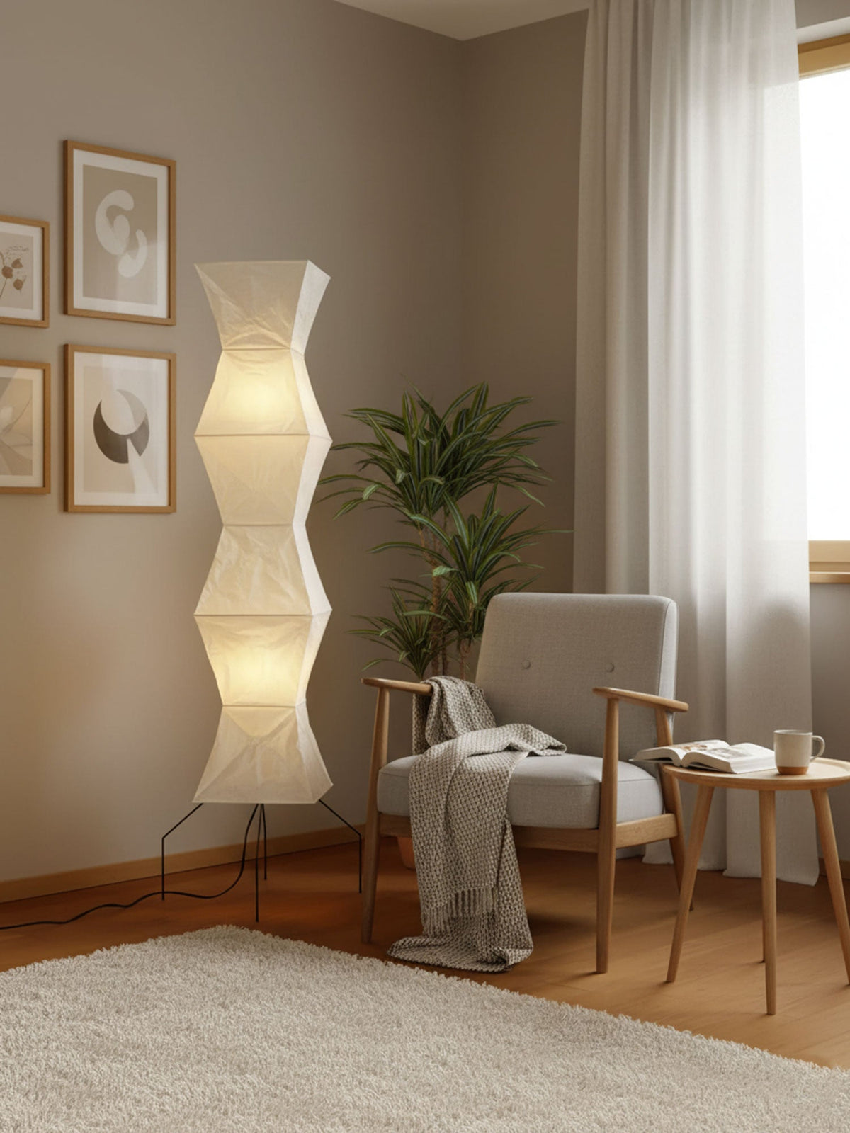 Japandi White Rice Paper Floor Lamp – Bamboo Rib