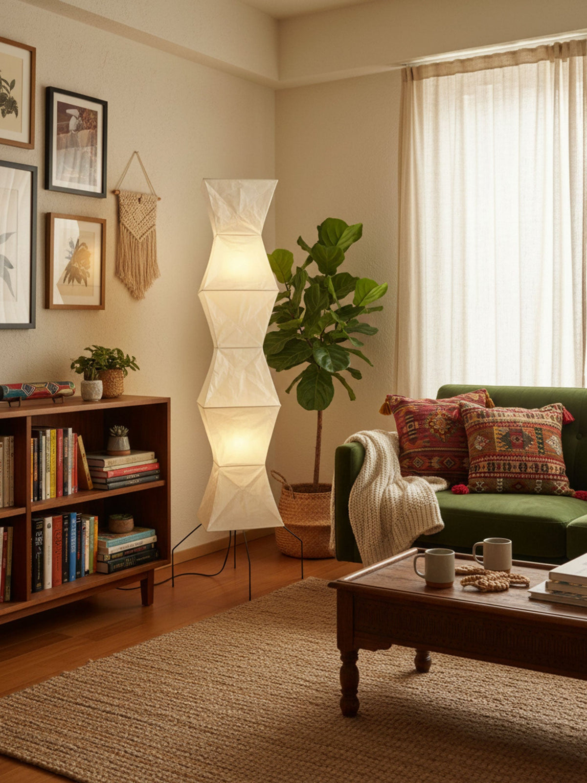 Japandi White Rice Paper Floor Lamp – Bamboo Rib