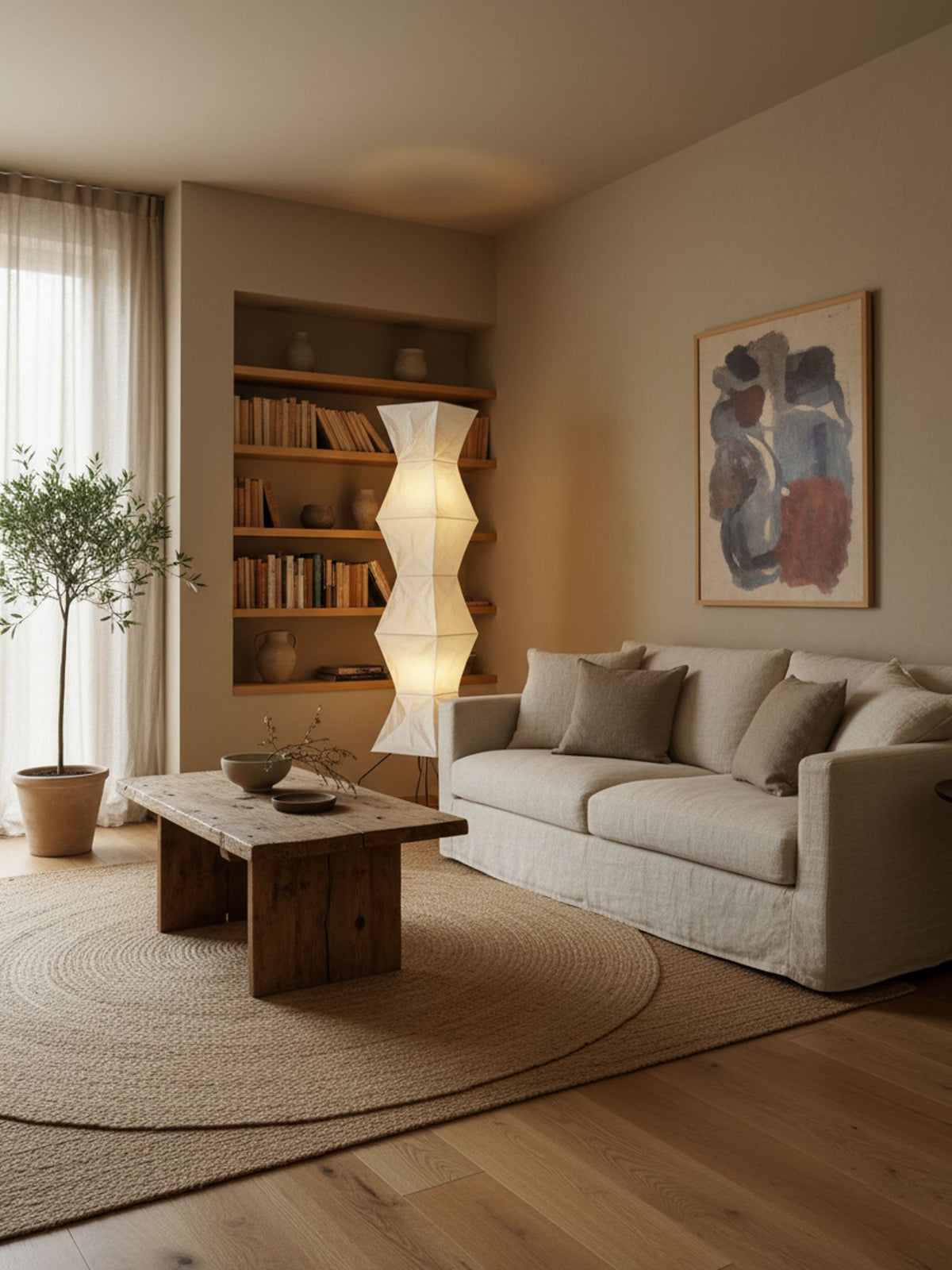 Japandi White Rice Paper Floor Lamp – Bamboo Rib