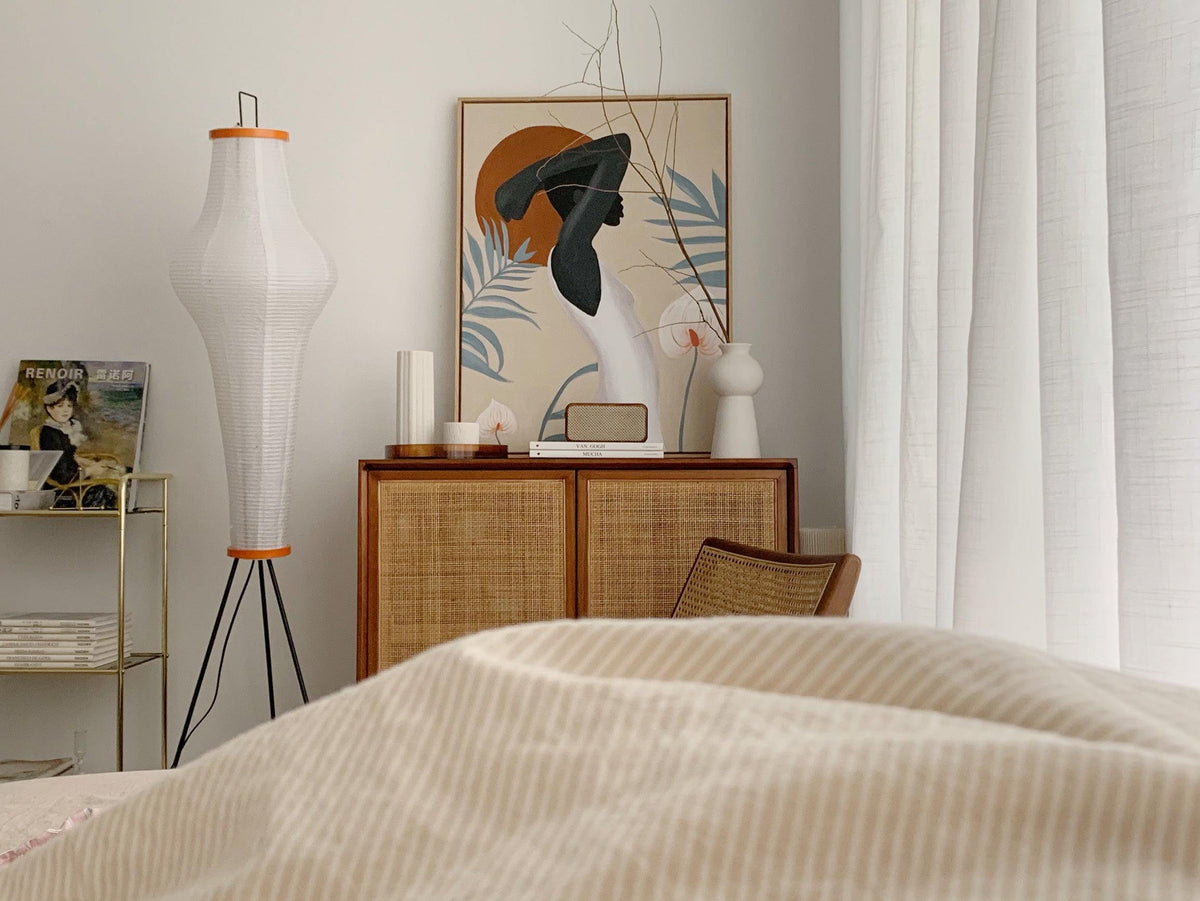 Japandi White Rice Paper Floor Lamp – Bamboo Rib