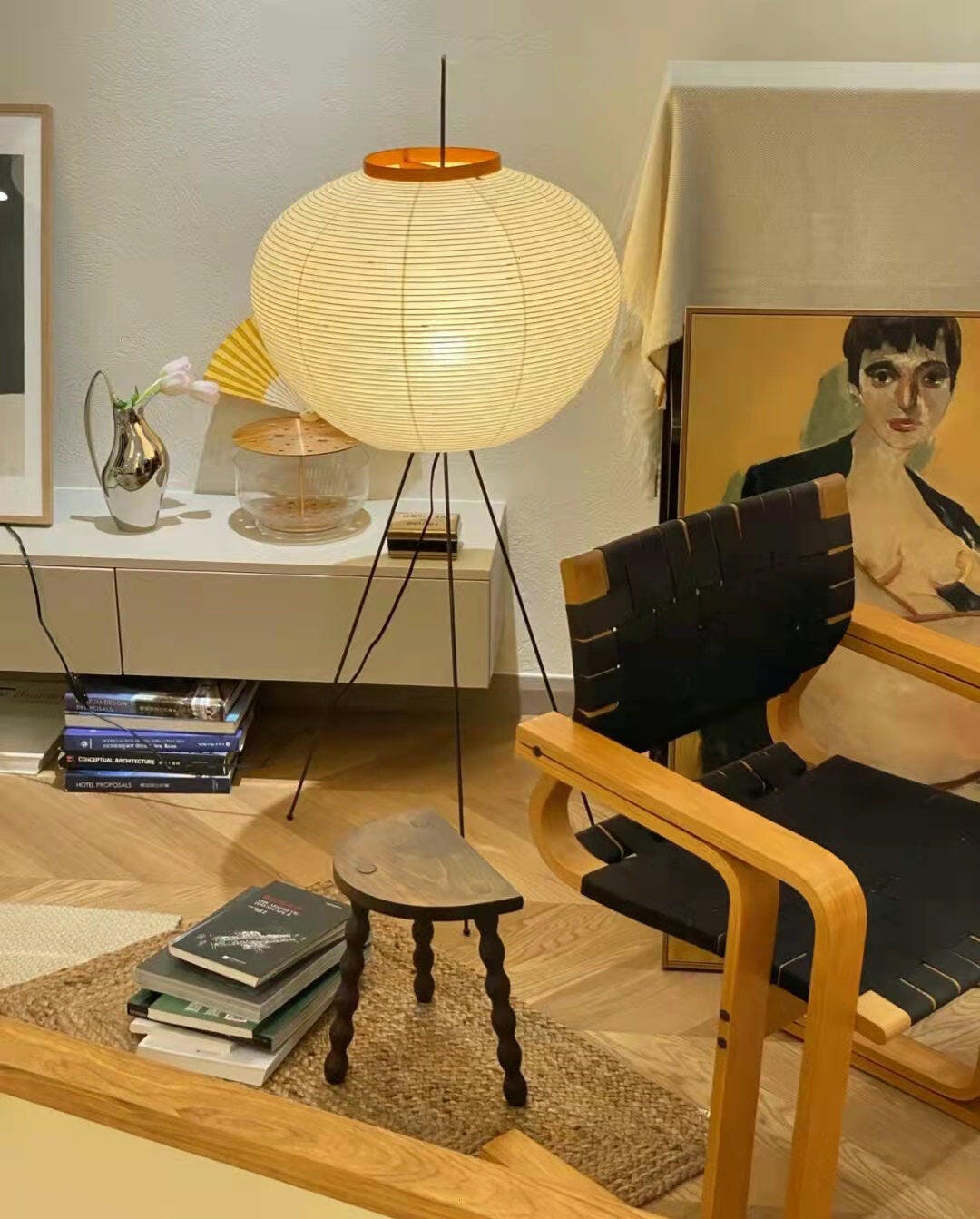Japandi White Rice Paper Floor Lamp – Bamboo Rib