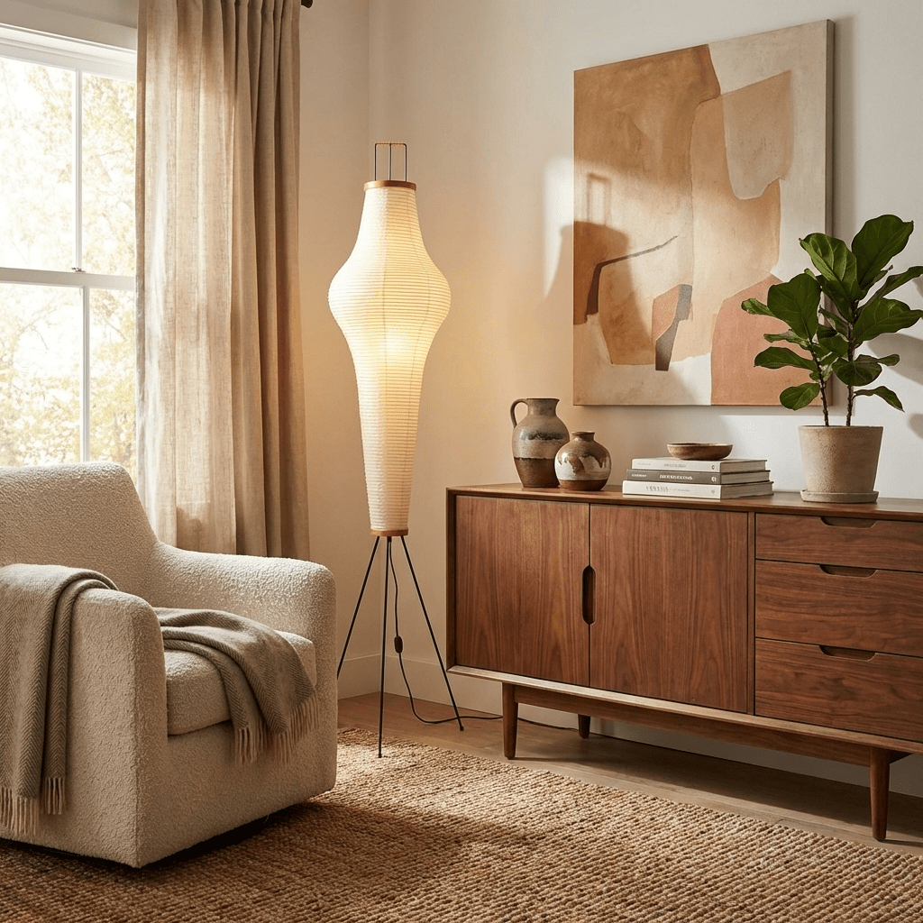 Japandi White Rice Paper Floor Lamp – Bamboo Rib