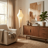 Japandi White Rice Paper Floor Lamp – Bamboo Rib
