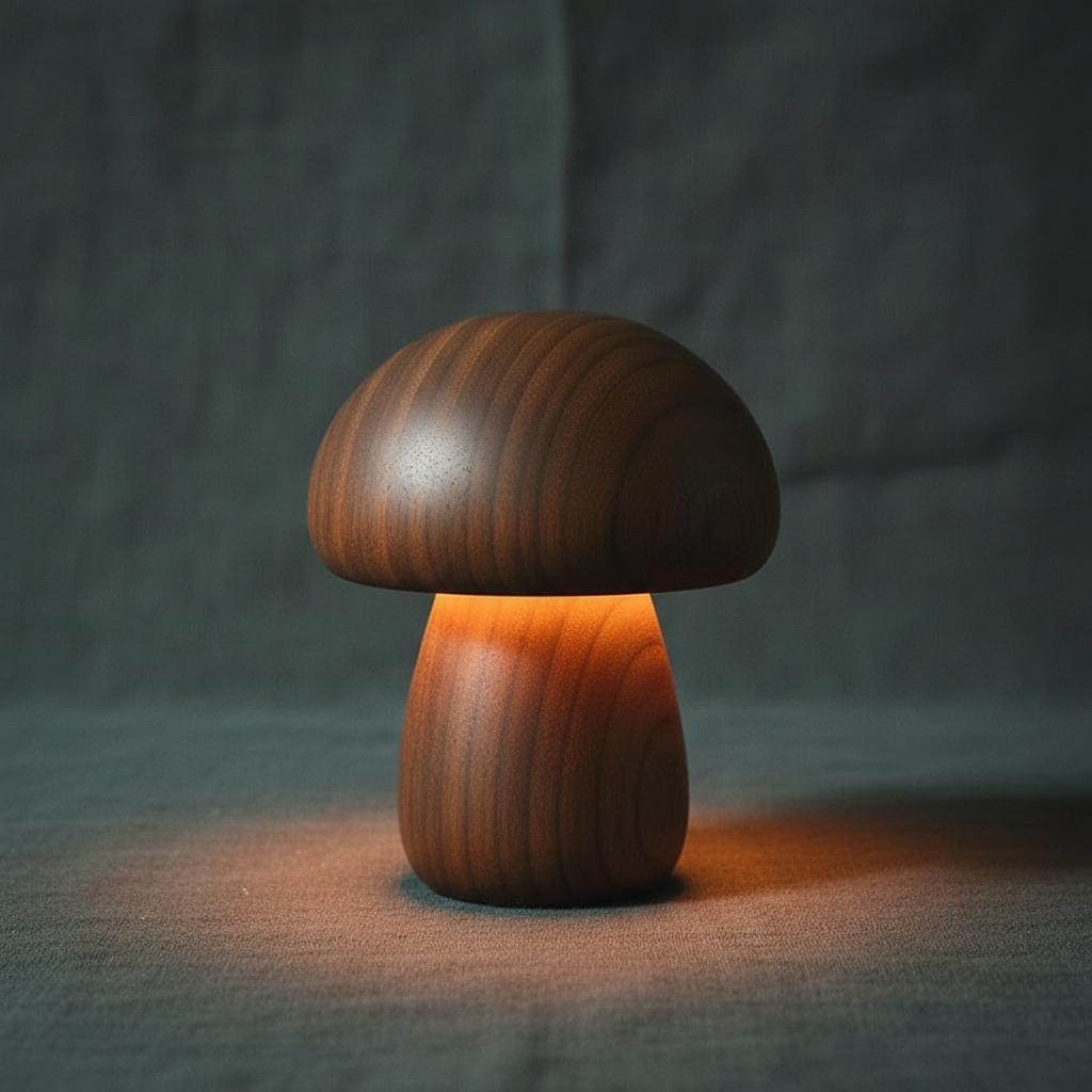 Minimalist Solid Wood Night Light – Mushroom Touch Lamp