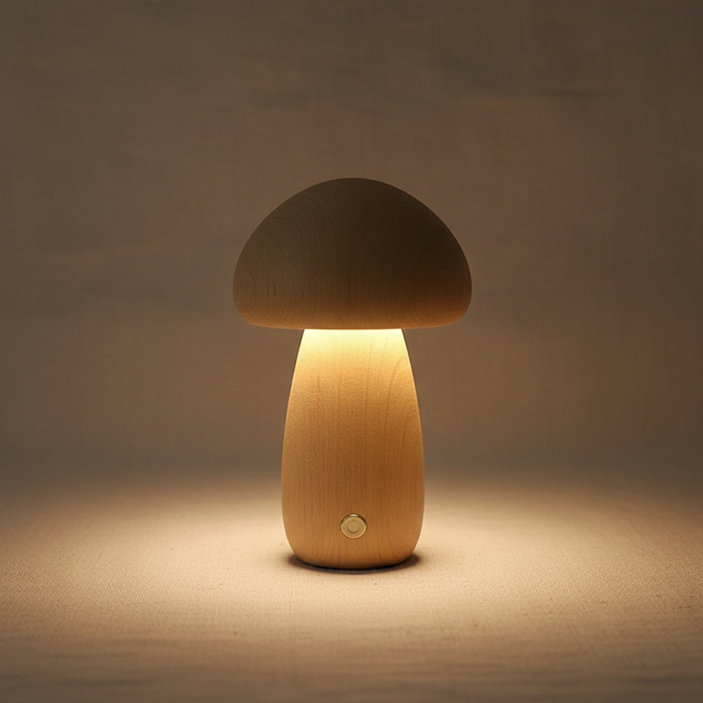 Minimalist Solid Wood Night Light – Mushroom Touch Lamp