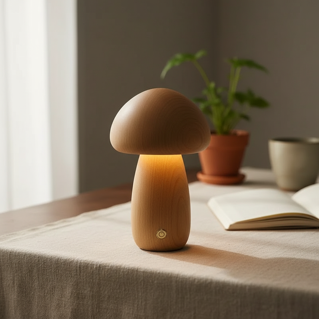 Minimalist Solid Wood Night Light – Mushroom Touch Lamp