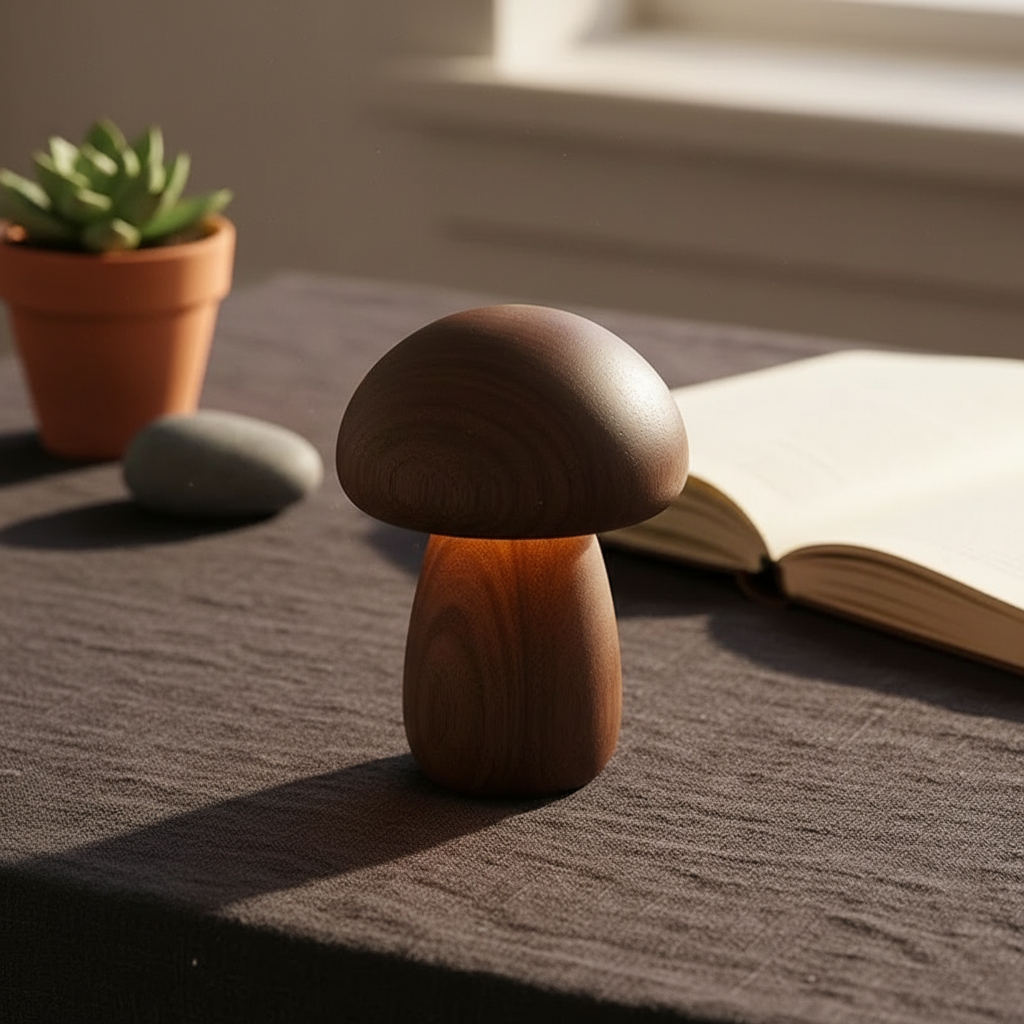 Minimalist Solid Wood Night Light – Mushroom Touch Lamp