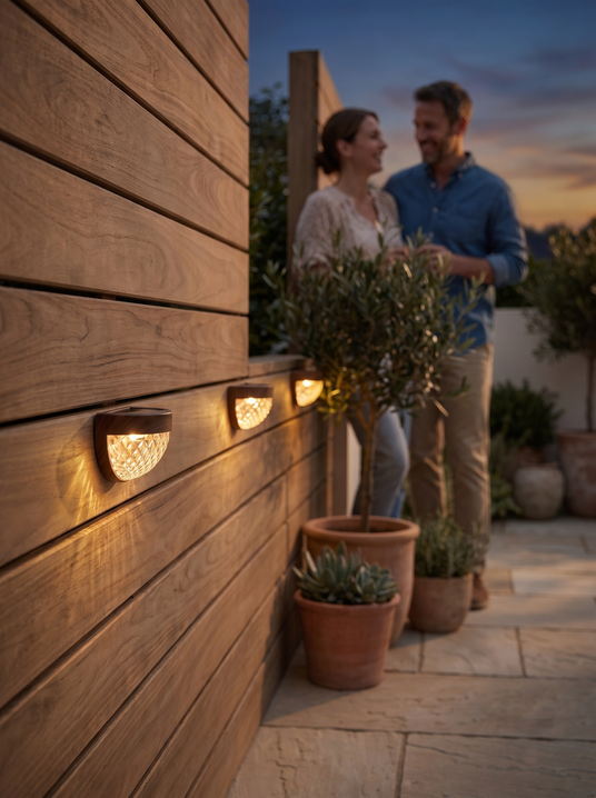 Colette solar fence light on a timber fence at dusk