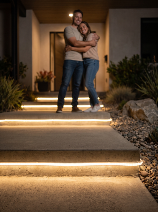 Ophelie LED strip under a stair tread at night