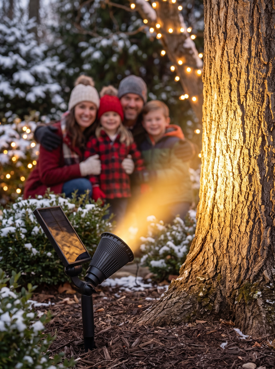 Marguerite solar spotlight uplighting a garden tree