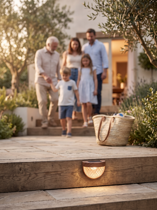 Colette solar step light on a garden step riser