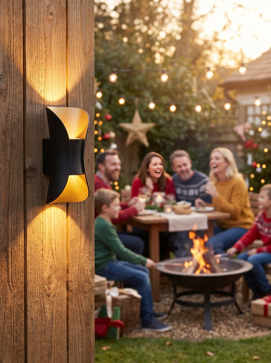 Adele small up and down wall light on a timber fence