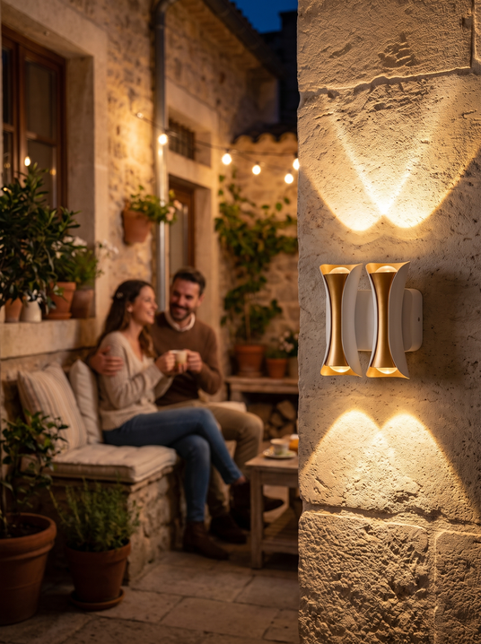 Lucienne wall sconce on a courtyard wall at night