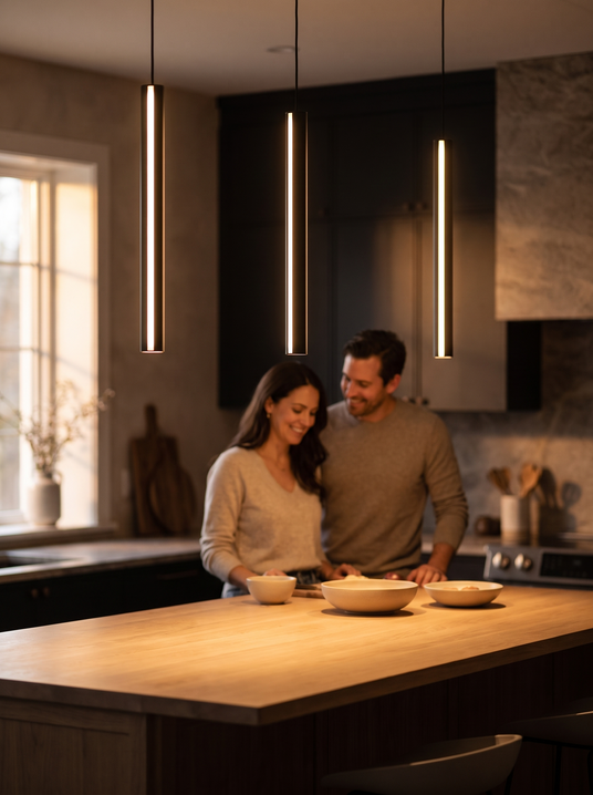 Solange pendants in a row over a kitchen island