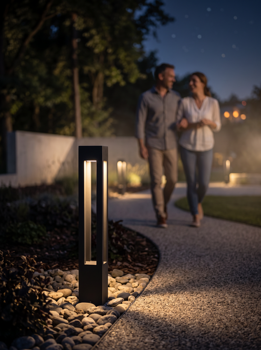 Ottilie low bollard light marking a garden bed edge