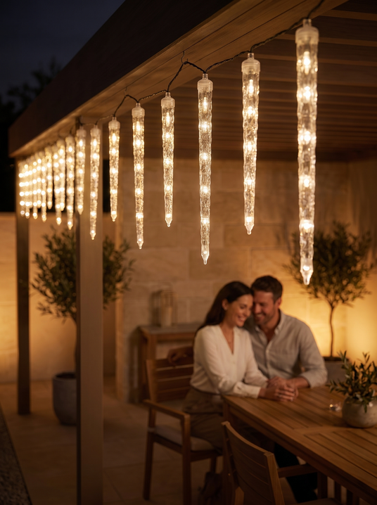 Neigeline solar icicle lights along a balcony pergola beam