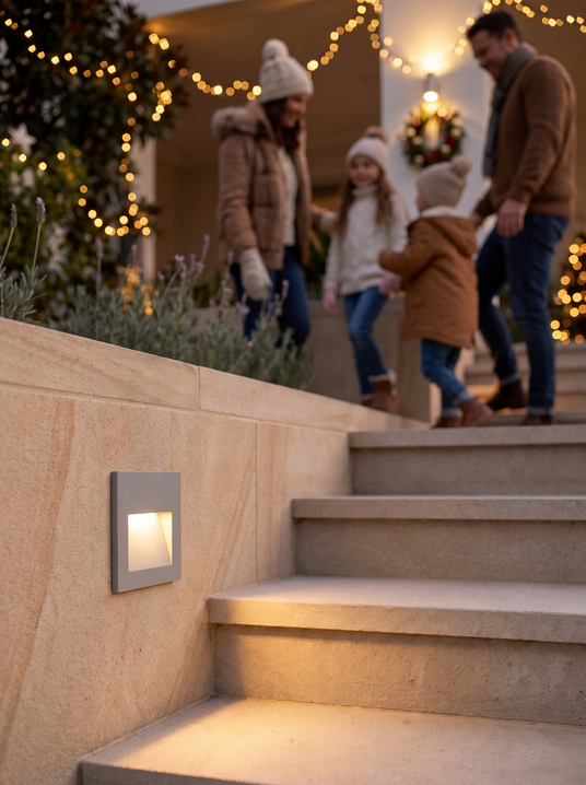 Albertine embedded step light flush in a stairway wall