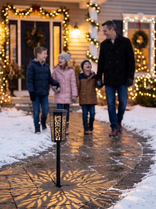 Aveline patterned solar stake light casting leaf patterns on a holiday path