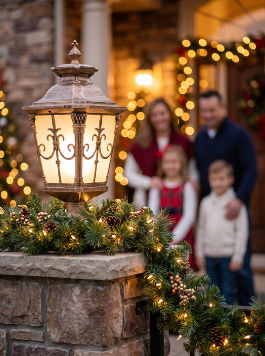 Idalia European post light on a pillar with holiday garland behind