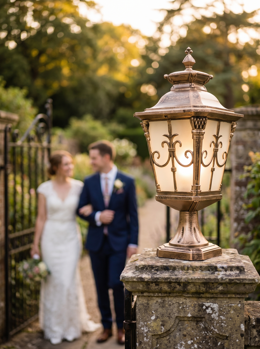 Idalia post light with frosted glass at a garden gate in late summer