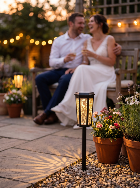 Aveline patterned stake light on a warm evening patio