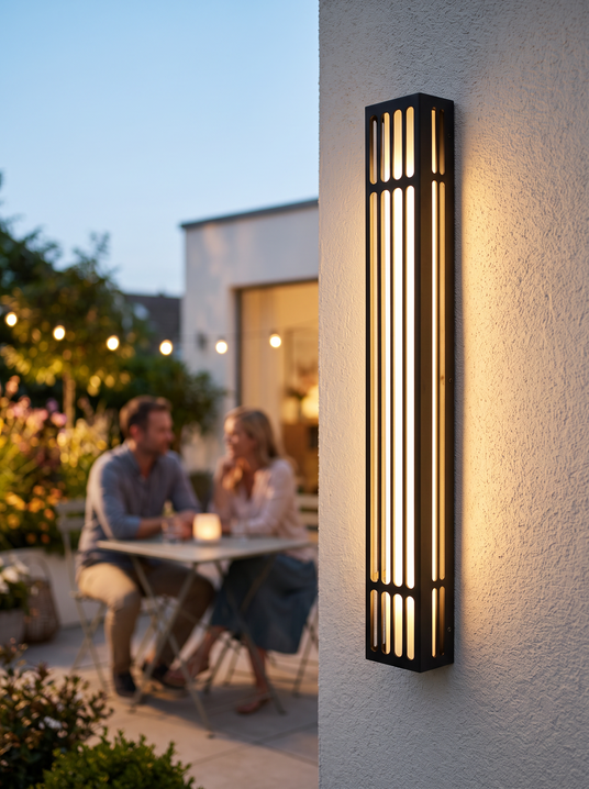 Hyacinth wall light washing a rendered garden wall on a summer night