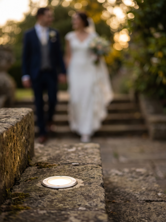 Evanthe deck light flush in a stone garden step at night