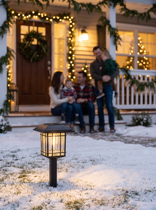 Yalena vintage solar lawn light in a holiday decorated garden with family in the background
