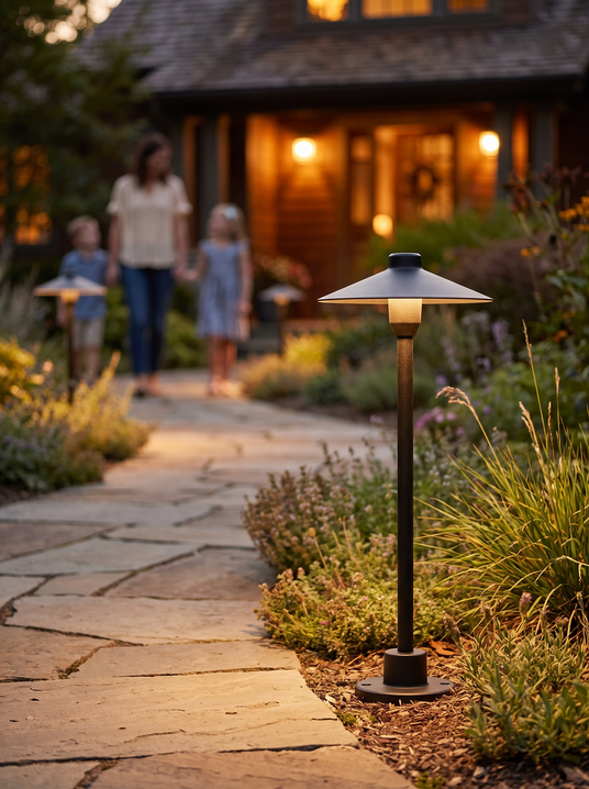 Bayside light at a path edge lifting light above planting with a family walking toward the house