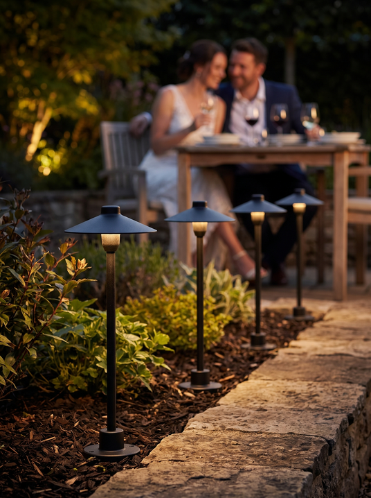 Four Bayside lights in an even row along a bed edge with a couple dining at night