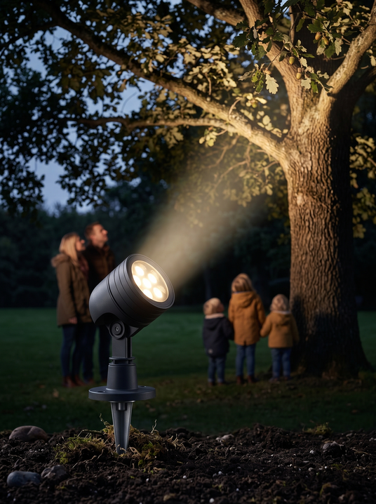 Wharton spotlight spiked beneath a tree uplighting the trunk with a family watching