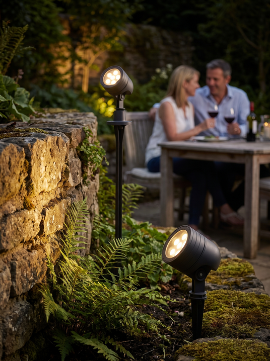 Two Wharton spotlights on short and tall spikes grazing a wall with a couple dining at night