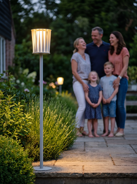 Colby 150cm column at near head height on a terrace with a family standing beside it