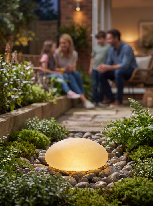 Solar pebble garden light glowing at the edge of a garden bed with a family behind