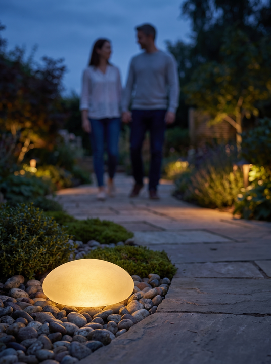 Solar pebble garden light at the edge of a stone path with a couple walking behind
