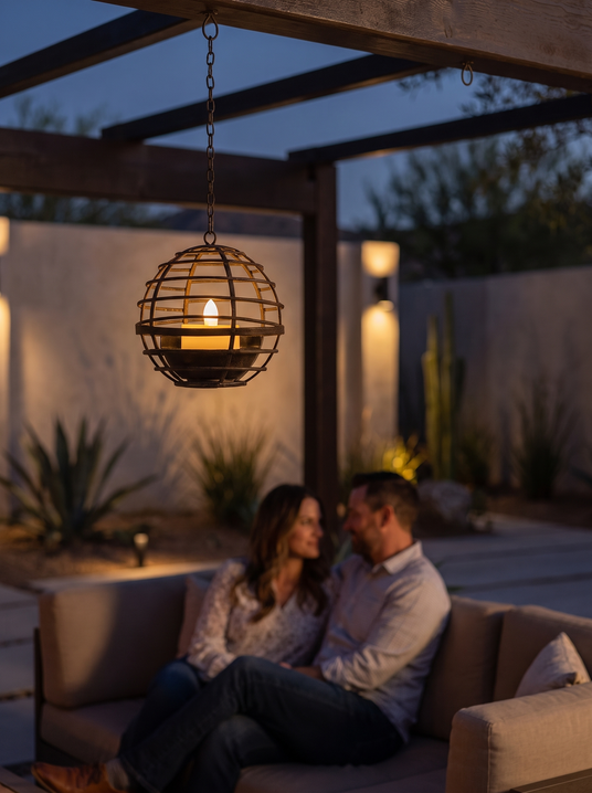 Rust iron solar lantern hanging from a pergola beam with a couple behind