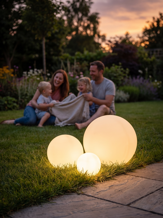 Glowing outdoor orb lamps on a lawn beside a patio with a family behind