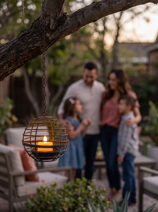 Rust iron solar lantern hanging from a tree branch with a family behind
