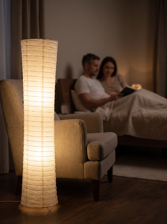 Ribbed paper column floor lamp beside a reading chair with a couple behind