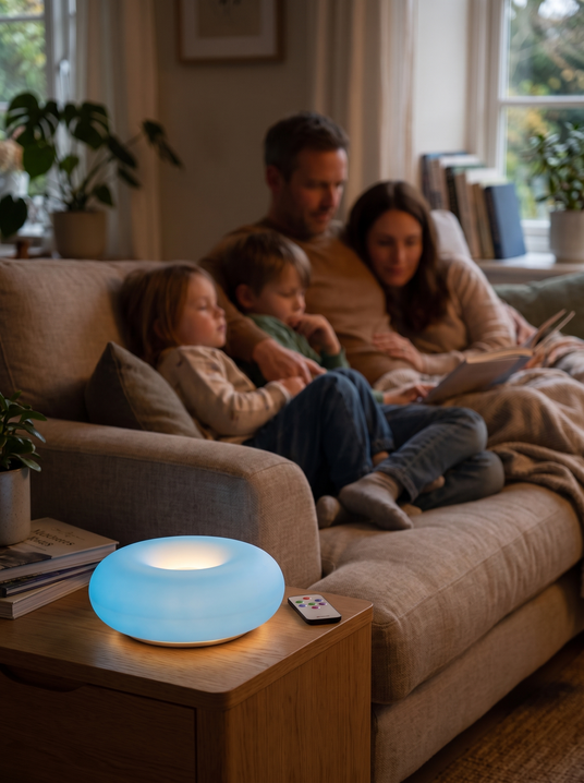 Frosted resin donut lamp on a living room side table with a family behind
