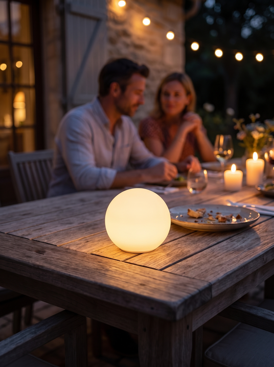 Glowing outdoor orb lamp on a terrace table with a couple dining behind