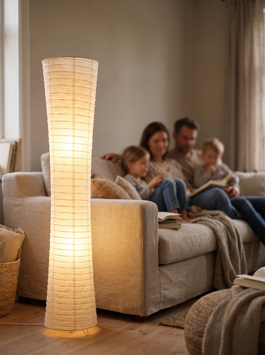 Ribbed paper column floor lamp in a living room corner with a family behind