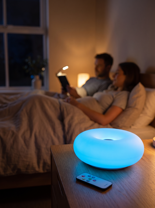 Frosted resin donut lamp on a bedroom nightstand with a couple behind