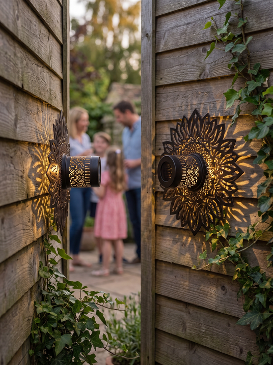 Moroccan cutout solar lantern on a garden fence panel with a family behind