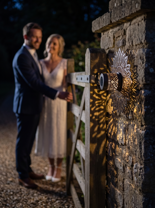 Moroccan cutout solar lantern beside a front entry gate with a couple behind